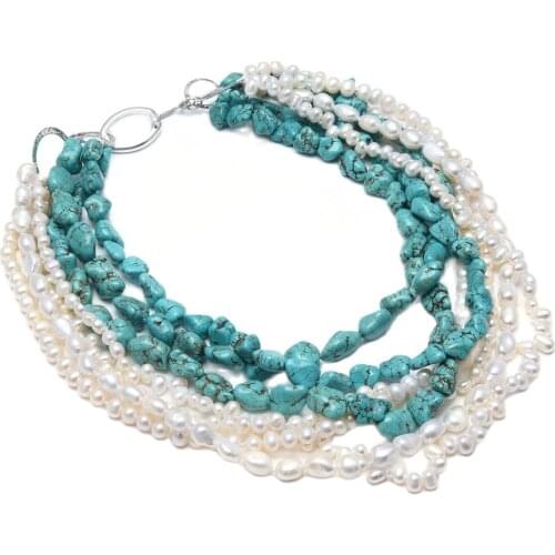 GuaiGuai Jewelry 6 Rows Freshwater White Pearl Blue Turquoise Necklace Multi Strands Necklace Handmade For Women
