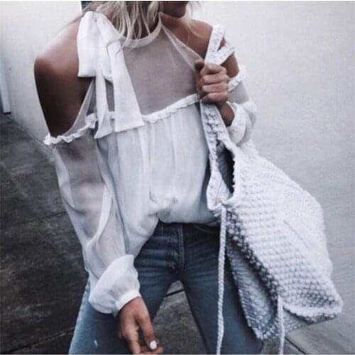 Womens Chiffon Blouses Women Sexy Strapless Shirt Halter Casual Long Sleeve Blouse Ladies Loose Tops Sexy Fashion Summer Bow