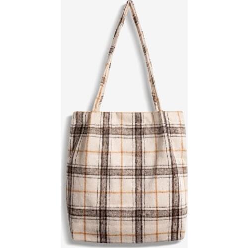 Women Woolen Shoulder Bag Plaid Checked Pattern Fashion Tartan Cloth Hangbag Canvas Tote Cute Reusable Shopping Bags For Girls