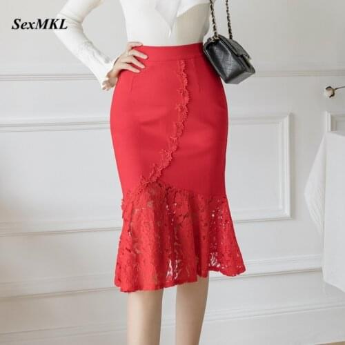 Plus Size Faldas Mujer Moda 2021 Sexy High Waist Lace Patchwork Skirts Women Korean Clothes Elegant Office Black Pencil Skirt
