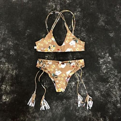 Floral Tassel Printed Bikini Split Womens Reversible Lace Up Bikini Sets