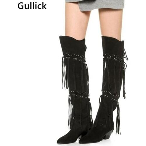 High Quality New Women Over The Knee Boots Black Suede Women Tassels High Boots Autumn Winter Back Lace Up Zapatos Mujer