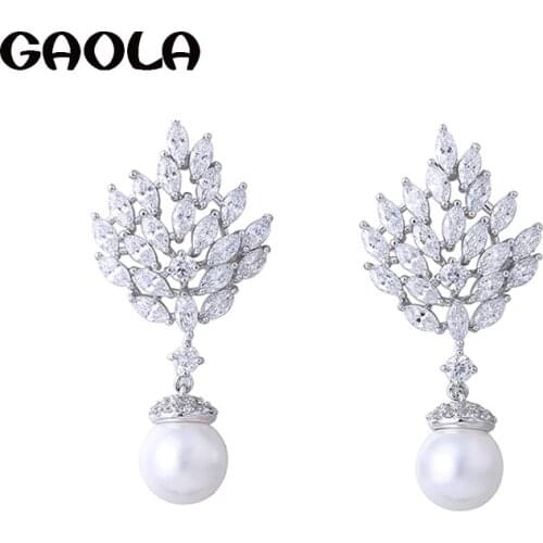 GAOLA Women Jewelry 2017 Plant Clear White Micro Pave Setting Dangle Earring Cubic Zirconia Imitation Pearls Earrings GLE6331Y
