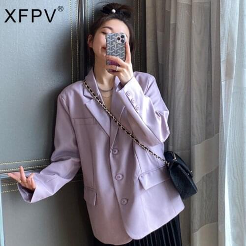 XFPV Korea Chic Temperament Purple Blazer Womens Autumn 2021 New Notched Loose Single Breasted Split Long Sleeve Suit Coat