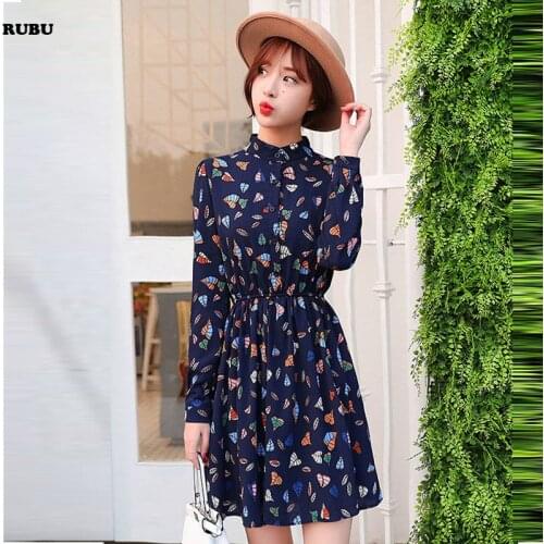 2017 Korean Women Clothing Floral Print Dresses Women Spring Black Tie Neck Long Flare Sleeve Casual A Line Dress