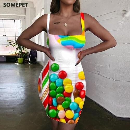 SOMEPET Candy Dress Women Colorful 3d Print Food Ladies Dresses Art Bodycon Dress Womens Clothing Plus Size Short Boho Fashion