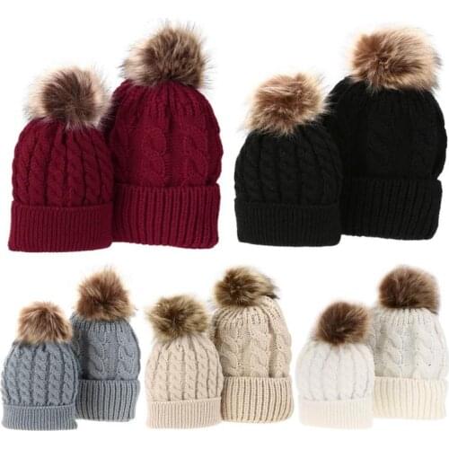 1pc Hats For Baby or Mom Winter Warm Raccoon Fur Hats Daughter Mommy Beanie Caps Children Women Cotton Knitted Hats