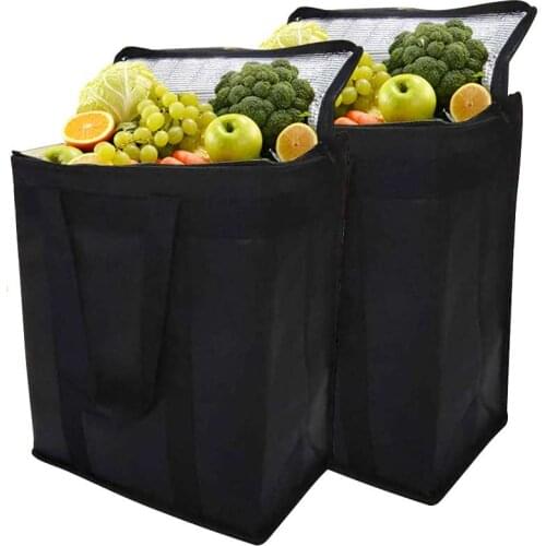 2 Pack Reusable Insulated Cooler Bags Collapsible Grocery Shopping Bag with Durable Dual Zippers,Keep Food Hot(Black Color)