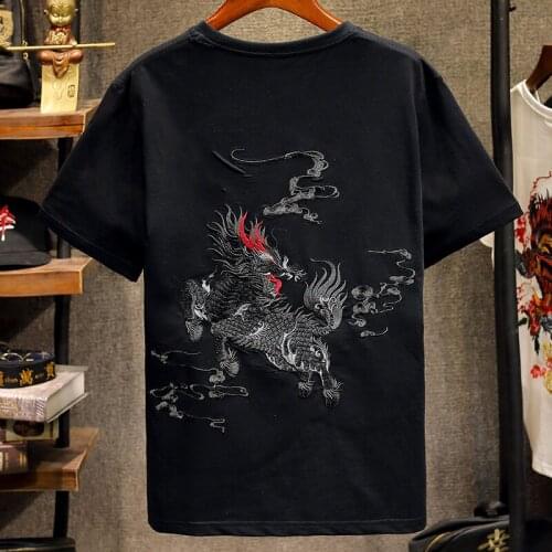 Chinese Style 2021 Brand Short Sleeve Cotton Dragon Embroidery T Shirt O-Neck Slim Men Black T-Shirt Tops Fashion Mens T Shirts