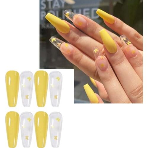 24pcs/Set Long Ballerina Fake Nails Yellow Butterfly Pattern Square Nail Decal False Nails Coffin Shaped Full Nail Art Tips