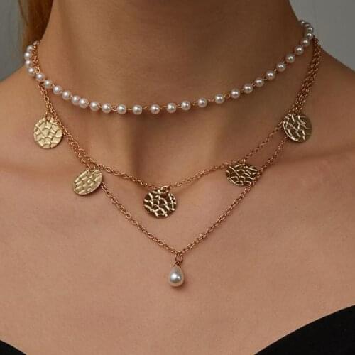 3-layer Necklace Choker Jewelry Pearl Crack Disc Pendant Necklace For Women Necklaces & Pendants Charms Jewellery A283