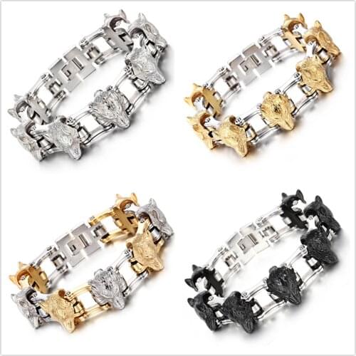 4 Color Choose! Hyperbole Cool Hip Hop 316L Stainless Steel Wolf Head Bicycle Link Chain Mens Bracelet Bangle 8.26"(21cm) ,21mm