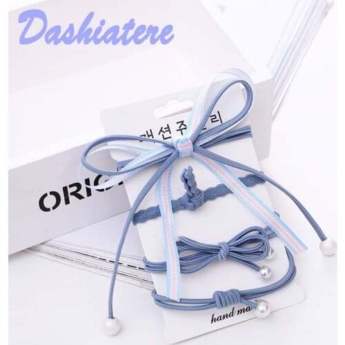 4pcs/lot Bowknot Pearl Women Stretch Hair Bands Blue Korean Hair Tie Rope Elastics Ponytail Holder Rubber Band Loop Headbands