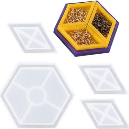 4Pcs Geometric Jewelry Storage Tray Silicone Resin Molds Set Hexagonal Coaster with 3 Rhombus Grid DIY Craft Making Home Decor