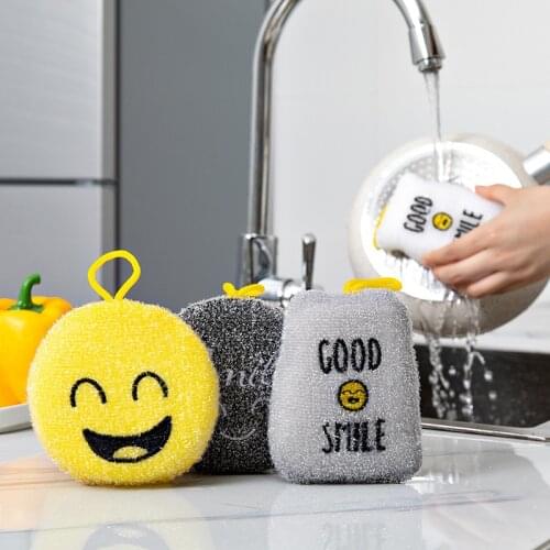 4PCS Smiley Face Thick Sponge Strong Decontamination Dish Washing Cloth Home Kitchen Cleaner Sponges Scouring Pads Set
