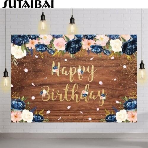 Happy Birthday Background Vintage Wooden Flower Gold Glitter Wedding Backdrop Baby Shower Party Decoration Backdrop Photo Studio