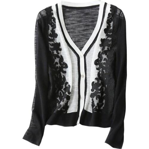 High grade embroidery contrast color linen wool knit womens spring summer fashion thin cardigan sweater coat M/L