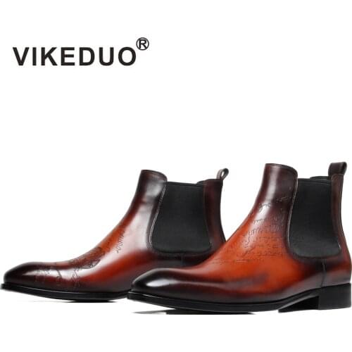 Vikeduo Hand Made Famous Brand Shoes Buying Guide Classic Brown Scritto Leather Chelsea Ankle Boots For Men