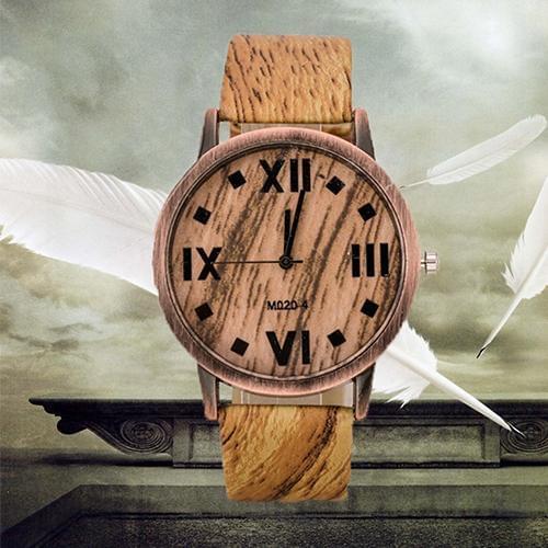 Classic Wood Pattern Roman Number Faux Leather Band Casual Quartz Wrist Watch Bracelet