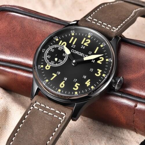 CORGEUT Casual Self-Winding Mechanical Watch Brand Leather Waterproof Black Stainless Steel Case Seagull Movement Watch Relogios