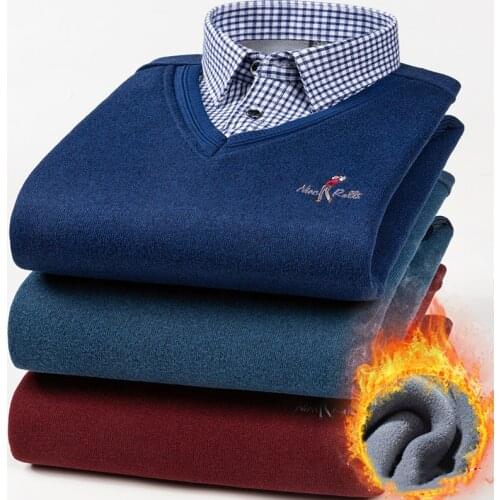 Fashion Brand Fake Two Warm Shirts Plus Fleece Thick Mens Round Neck Striped Plus Fleece Shirt Dad Wears Middle-Aged Menswear