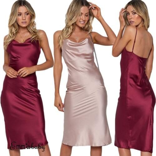 Fashion Women Satin Bodycon Strap Sleeveless Elegant Evening Party Cocktai Dress