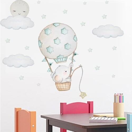 Cartoon Animals Elephant Wall Stickers For Kids Room Baby Nursery Room Decoration Air Balloon Wall Decals Cloud Moon Stars PVC