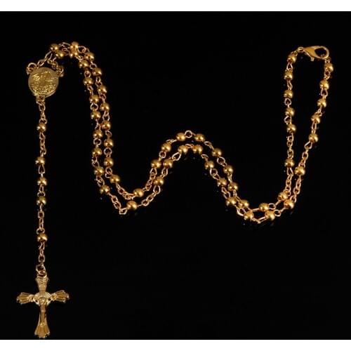 Catholic stainless steel rosary 4mm imitation gold rosary necklace. Rose pattern long chain prayer, blessing a necklace