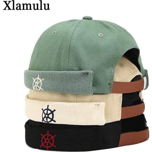 Womens Men Brimless Cap Rolled Cuff Retro Hat Student Couple Sailor Hat Embroidery Skullcap Brimless Hat Adjustable Cotton Hat