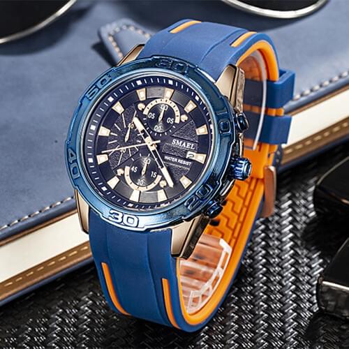 SMAEL Luxury Brand Men Sport Watch Chronograph Blue Silicone Strap Quartz Watches Casual Waterproof Mens Military Wrist Watch