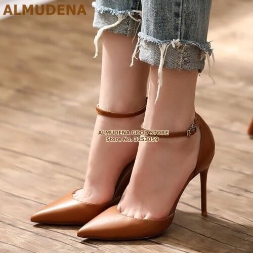 ALMUDENA Brown Nude Matte Leather Pointed Toe Pumps Women Concise Thin High Heels Ankle Buckle Strap Party Shoes Gladiator Pumps