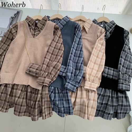 Wohreb Retro Plaid Loose Shirt Mini Pleated Dress + Knitted Vest + Bag 3 Pieces Set Women Autumn Elegant Outfits Korean Suit