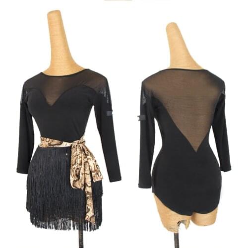 Latin Dance Clothes Adult Dancing Tops Women Ballroom Dance Shirts Samba Salsa Latin Practice Wear Mesh Black Bodysuit DNV14476