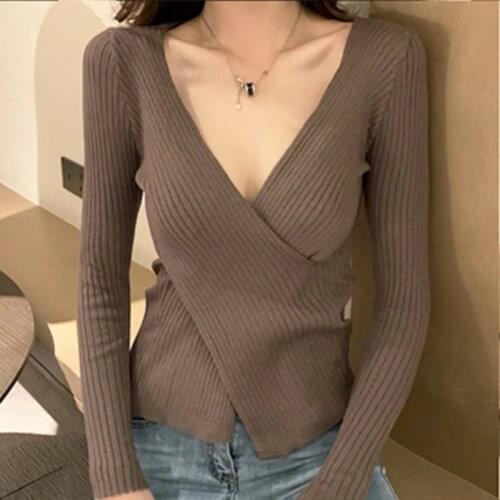 Womens Wear Pullover Sweater Fashion Female Deep V-Neck News Tops Solid Sexy Lady Basic Clothes Autumn Knitted Casual