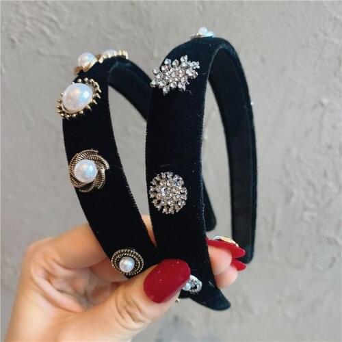 Women Ladies Velvet Snowflake Rhinestone Headbands For Girls Handmade Black Makeup Pearl Hairbands Crystal Hair Hoop Accessories