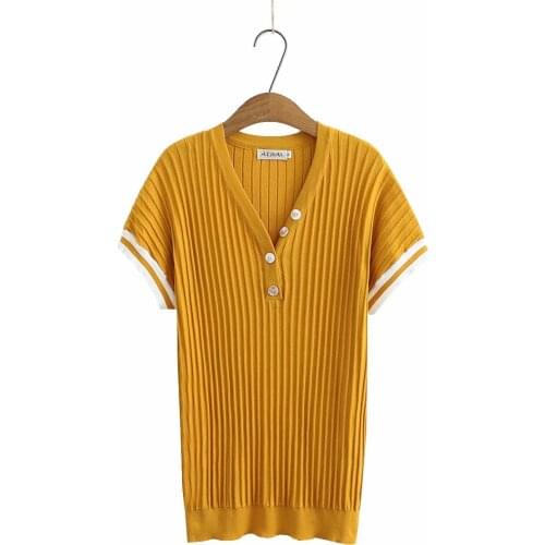 Plus size V neck knitted button women tshirts 2021 new summer casual ladies t shirts female tops t-shirts white black Ginger