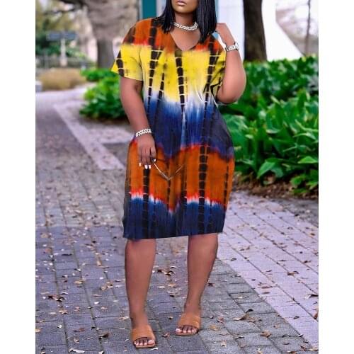 5 Colors Fashion Streetwear V Neck Short Sleeve Pocket Design Tie Dye Print Casual Summer Oversized Dress Plus Size Clothes 2021