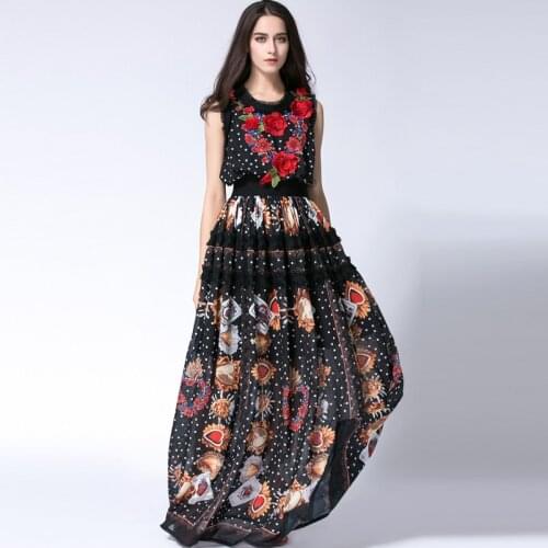 New 2017 Women Floor Length Sleeveless Elegant Rose Flower Print Floral Embroidery Vintage Long Dress Fashion Runway Maxi Dress