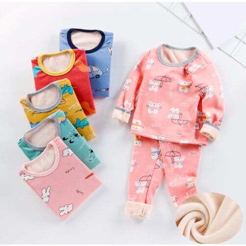 For 1-12 Yrs Winter Kids Dinosaur Pajamas Sets Warm Pyjamas Girls Boys Thicken Sleepwear Fleece Baby Thicken Thermal Underwear
