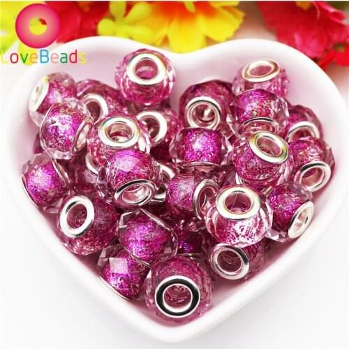 10Pcs New Faceted Rondelle Crystal Glitter Glass Beads European Large Hole Beads with Silver Plated Fit Pandora Bracelet Jewelry