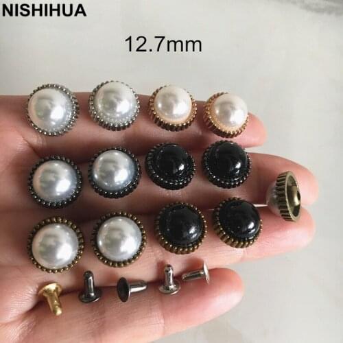 50 set -Round Wheel Gear Pearl Rivet Studs 12.7mm Metal Trim Plastic Pearl Spike Rivet For Clothing Decor,Shoes Repair Rivets