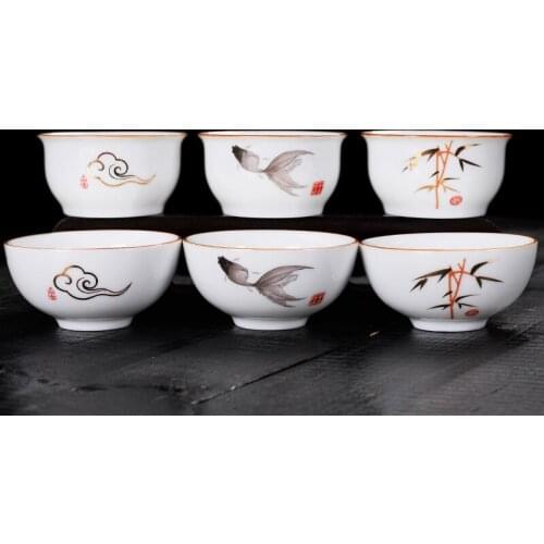 6Pcs/Set Creative Ceramic Hand Painted Water Cup Small Tea Bowl White Porcelain Matt Glaze Office Teacup Kung Fu Drinkware