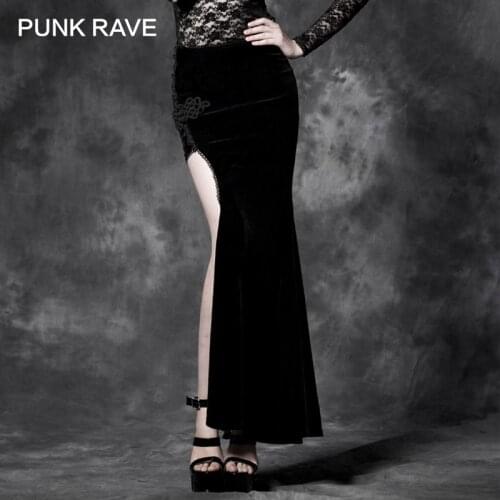 PUNK RAVE Gothic Style Sexy Split Black Asymmetric Punk Cheongsam Velvet Embroidery Long Maxi Skirt