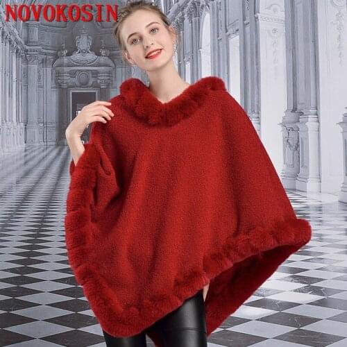 2021 Black Wine Red Grain Velvet Poncho Faux Fox Fur Neck Cloak Big Pendulum Cape Triangle Pullover Faux Cashmere Outstreet Coat