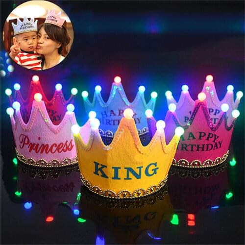 Kids Birthday Hat Happy Birthday Cap Colorful Non-woven Hat King Princess Crown Luminous LED Birthday Hat Party Decor DS29