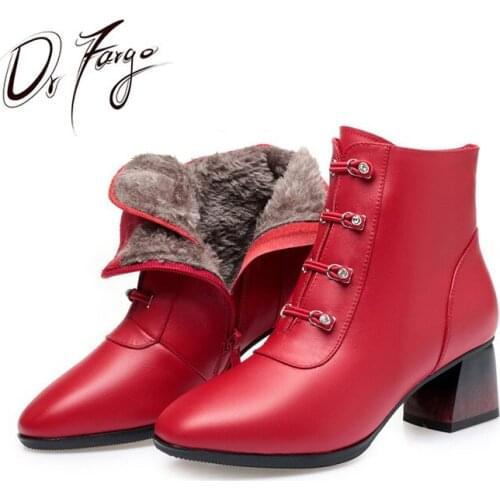 DRFARGO Winter Warm Ankle Boots for Women Genuine Leather Block High Heel Round Toe Black White Red zip Boots Dress Shoes JD9208