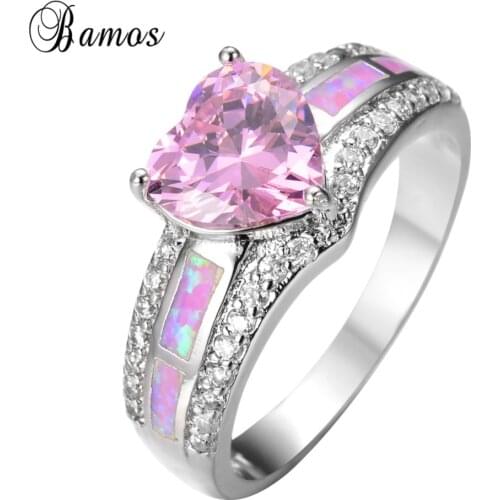 Bamos Pink/Blue/Purple/Red/Green Heart Cubic Zirconia Promise Ring Unique Opal Jewelry White Gold Filled Wedding Rings For Women