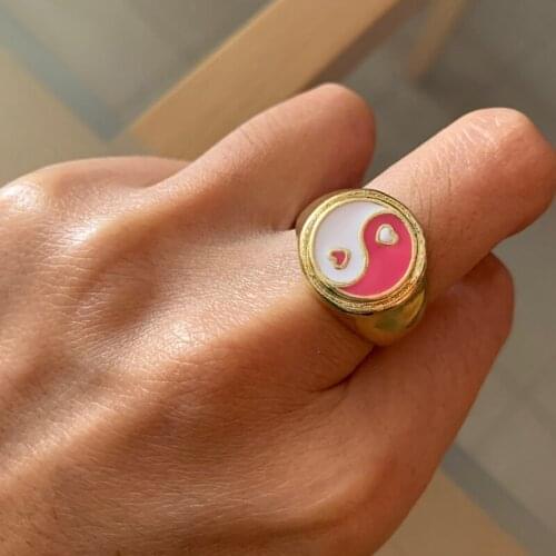 Love Ring for Women Vintage Pink Heart Yin Yang Rings For Girls Accessories Metal Rings Party Couples Jewelry Gift Bijoux Femme
