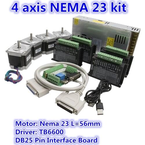 CNC Router Kit 4Axis,4pcs TB6600 4A stepper motor driver+Nema23 motor 57HS5630A4+5axis interface board+power supply