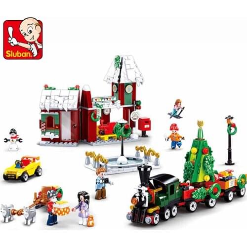 Sluban Winter Village Santa Claus Train Station Truck Carriage Car Christmas Tree Snowman Building Block 565pc Bricks Toys Gifts